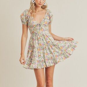 Lush Multicolor Blooming Garden Floral Mini tiered Dress Sz M